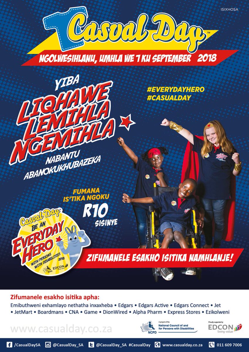 SABCDisability's tweet image. Tomorrow, Fri 7th September is Casual Day 2018.  Don't forget to buy your sticker and be an EVERYDAY HERO for People With Disabilities.  Let's spread the word on social media... @CasualDay_SA