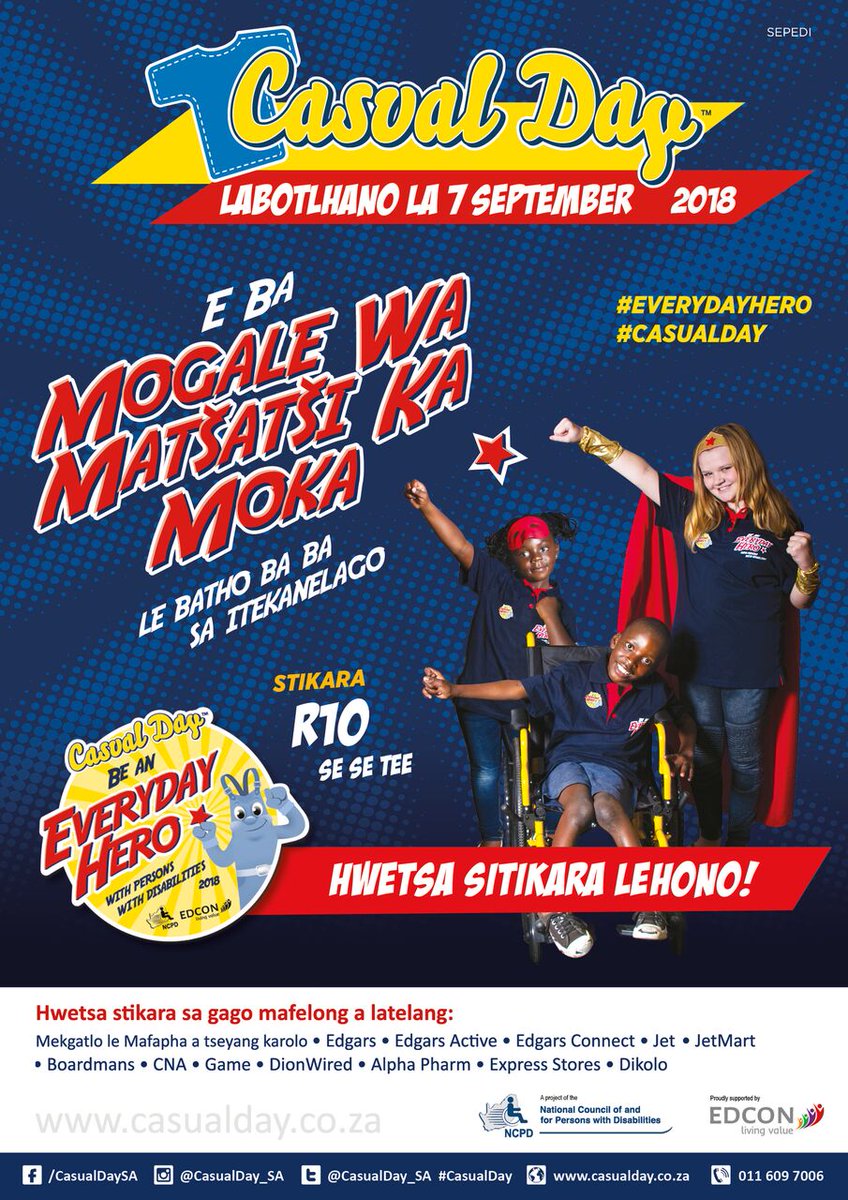 SABCDisability's tweet image. Tomorrow, Fri 7th September is Casual Day 2018.  Don't forget to buy your sticker and be an EVERYDAY HERO for People With Disabilities.  Let's spread the word on social media... @CasualDay_SA