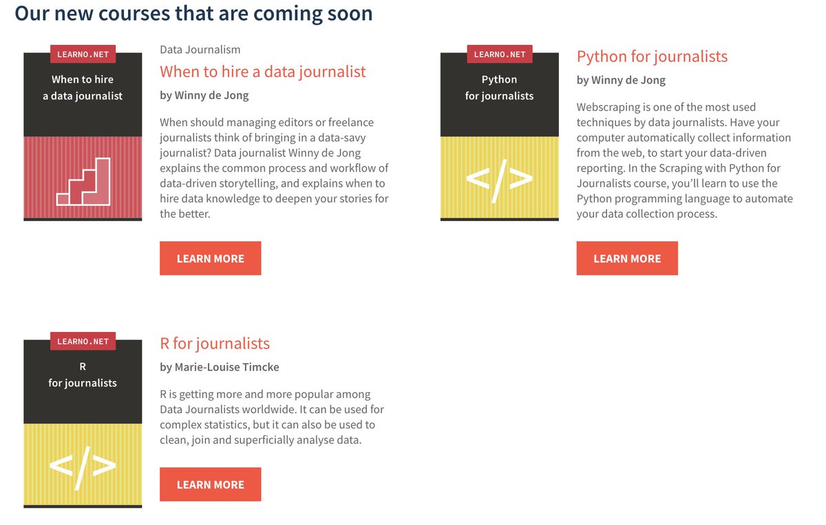 learnonet's tweet photo. We're happy to announce that @ejcnet has three new #ddj courses coming soon. @datentaeterin will improve your technical skills in Python and R, and @winnydejong provides understanding about when to hire a data journalist: https://t.co/UNrcOpWLp0  #datajournalism https://t.co/gtjfxyVwDl