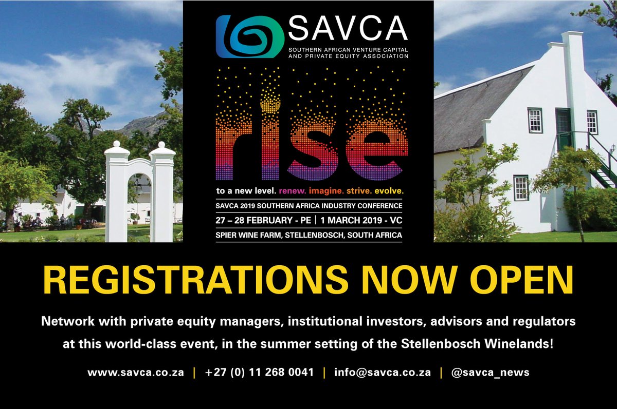 SAVCAssociation's tweet photo. SAVCA 2019 CONFERENCE: Registrations now open! | #PrivateEquity Conference: 27 - 28 February 2019 | #VentureCapital Conference: 28 February - 1 March 2019 - https://t.co/C7hGskX9Wz https://t.co/KnYutpdeqq