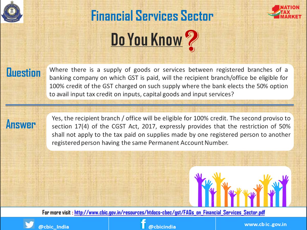 cbic_india's tweet image. Financial Services Sector 
FAQs on GST related issues of Financial Sector

#Banking #Insurance #StockBrokersSector #FAQsFinancialSector
