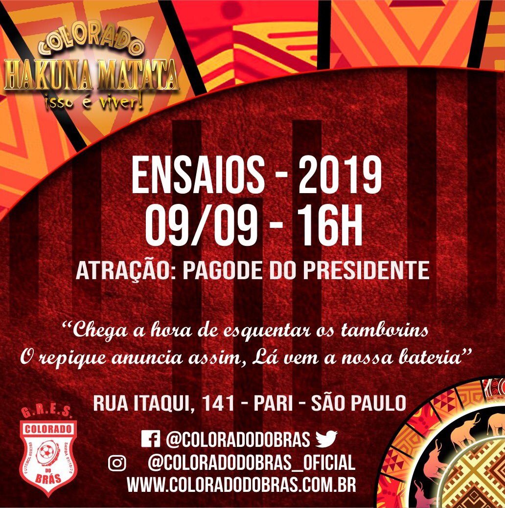 Alô comunidade!!
No retorno do feriadão temos um encontro marcado!
Venha e traga toda família e amigos!

‘‘Chega a hora de esquentar os tamborins 
O repique anuncia assim, Lá vem a nossa bateria’’
#HakunaMatata #ColoradoDoBrás