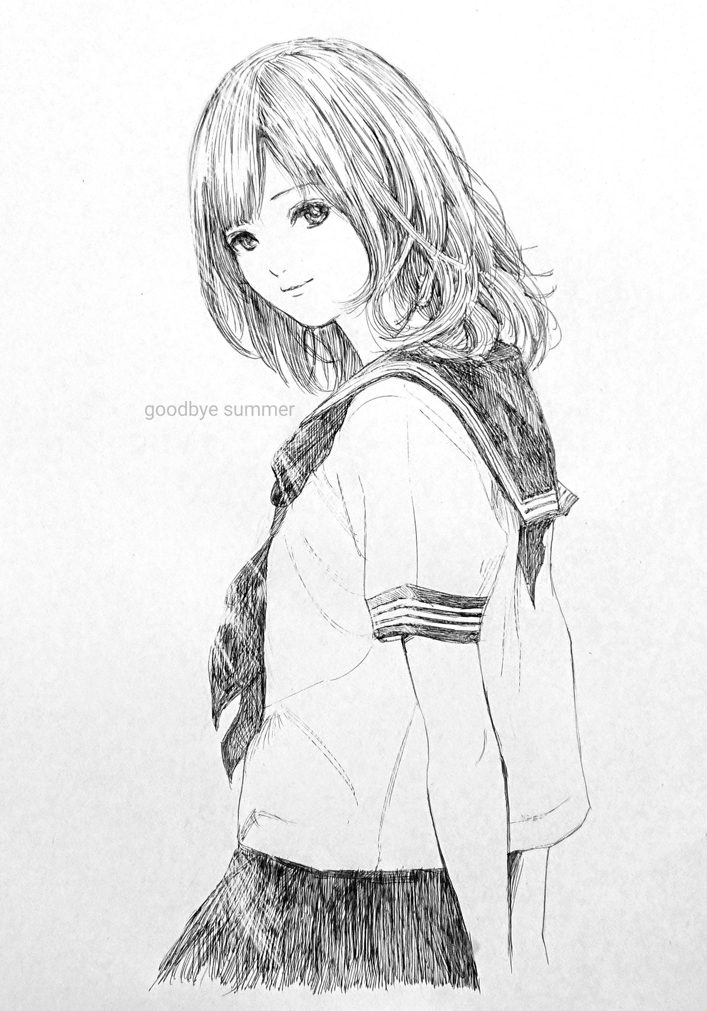 Idein Ar Twitter Goodbye Summer さよなら 夏 ボールペンアート 人物画 イラスト 手描き 少女 漫画 Summer Goodbye Sailor Sketch Drawing Art Girl Schoolgirl Illustration Comic Ballpenart Schooluniform Artistry Artist Artwork