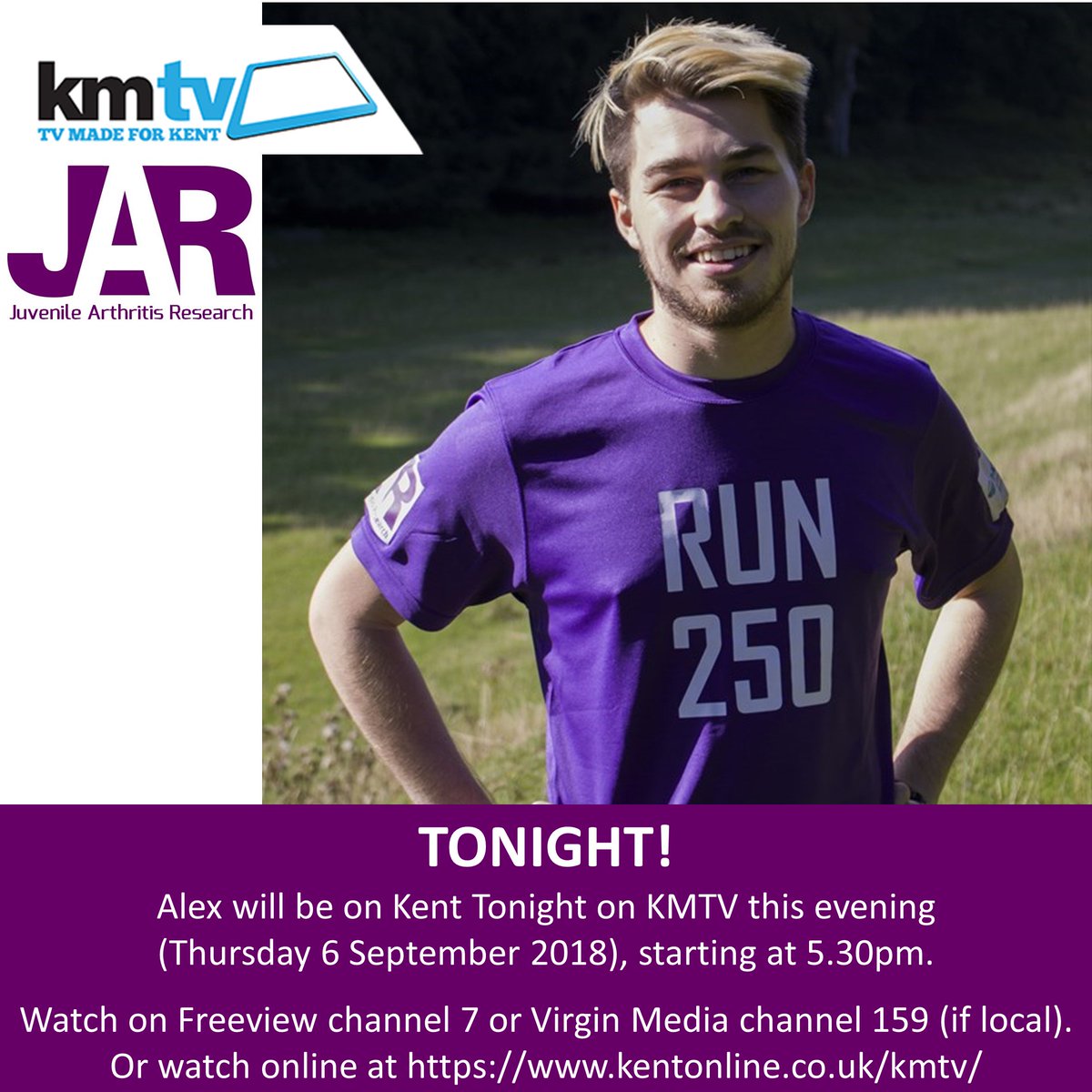 JARProject's tweet photo. TONIGHT! Watch Alex talk about #Run250 on KMTV (from 5.30pm). Freeview channel 7 / Virgin Media channel 159 / online at https://t.co/bMnJzRfm2K.
Alex is running 250miles over just two weeks for Juvenile Arthritis Research. Find out more at https://t.co/HJmXlKPTWf 
#JIA https://t.co/as9BcGXQPZ