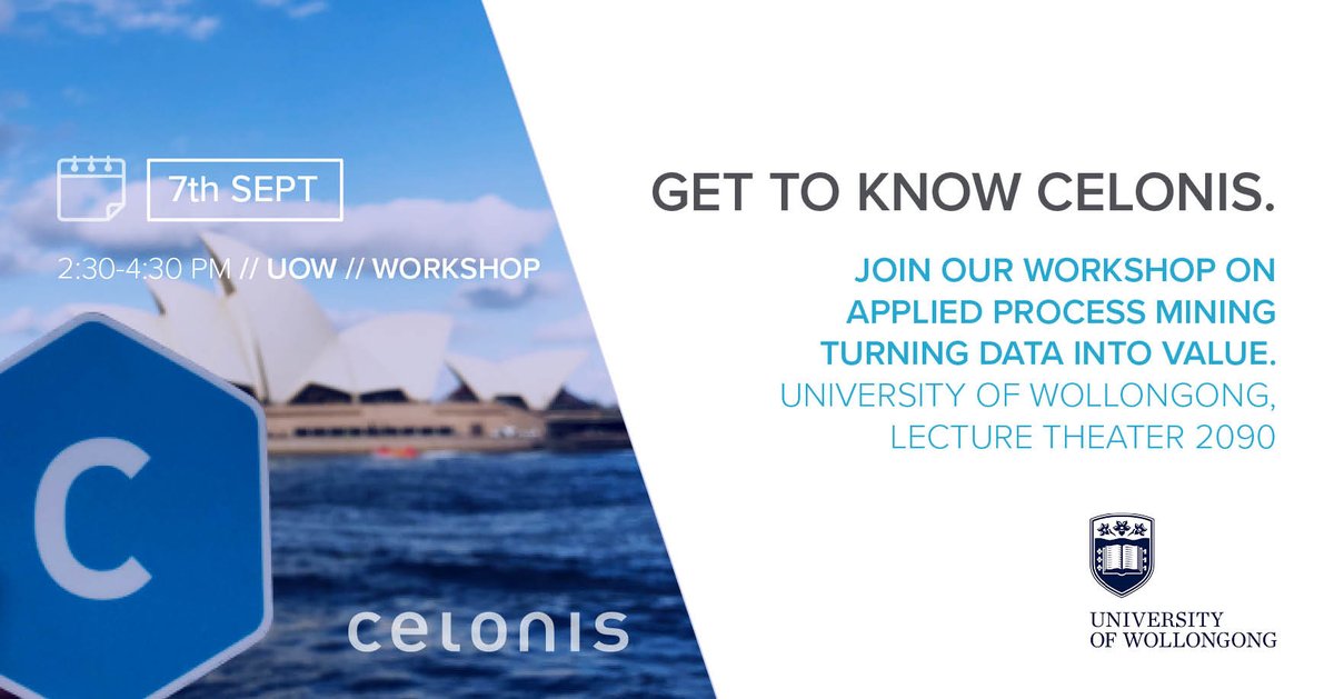 Celonis's tweet photo. Watch out! @Celonis holds a workshop on applied #ProcessMining at @UOW, Sept 7, Building 38, Room G01. https://t.co/FDOzCv4HFf https://t.co/Mu6lgVMuHL