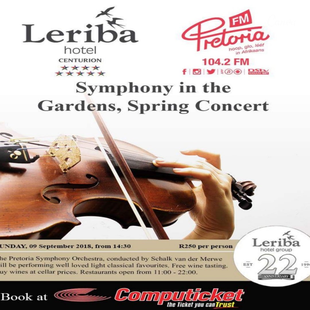 Symphony in the Gardens , 9 September 2018 
Buy Tickets at Computicket and stand a change to win one night 5 star accommodation with full English breakfast for two [value R2750] <a href="/leribahotel/">Leriba Hotel</a>, Centurion

#music #classical #Pretoria #foodtravelchat #foodandwine #wine