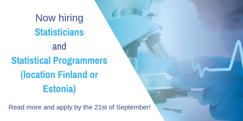 MirvaSainiemi's tweet image. We&apos;re looking for #statisticians &amp;amp; #statisticalprogrammers to join our team in #Finland and #Estonia. If you are interested in #healthcare, #clinicaltrials or #RWE, read more &amp;amp; apply by the Sep21st: statfinn.fi/careers  #Hiring #recruitment #Jobs #Career #CareerOpportunities