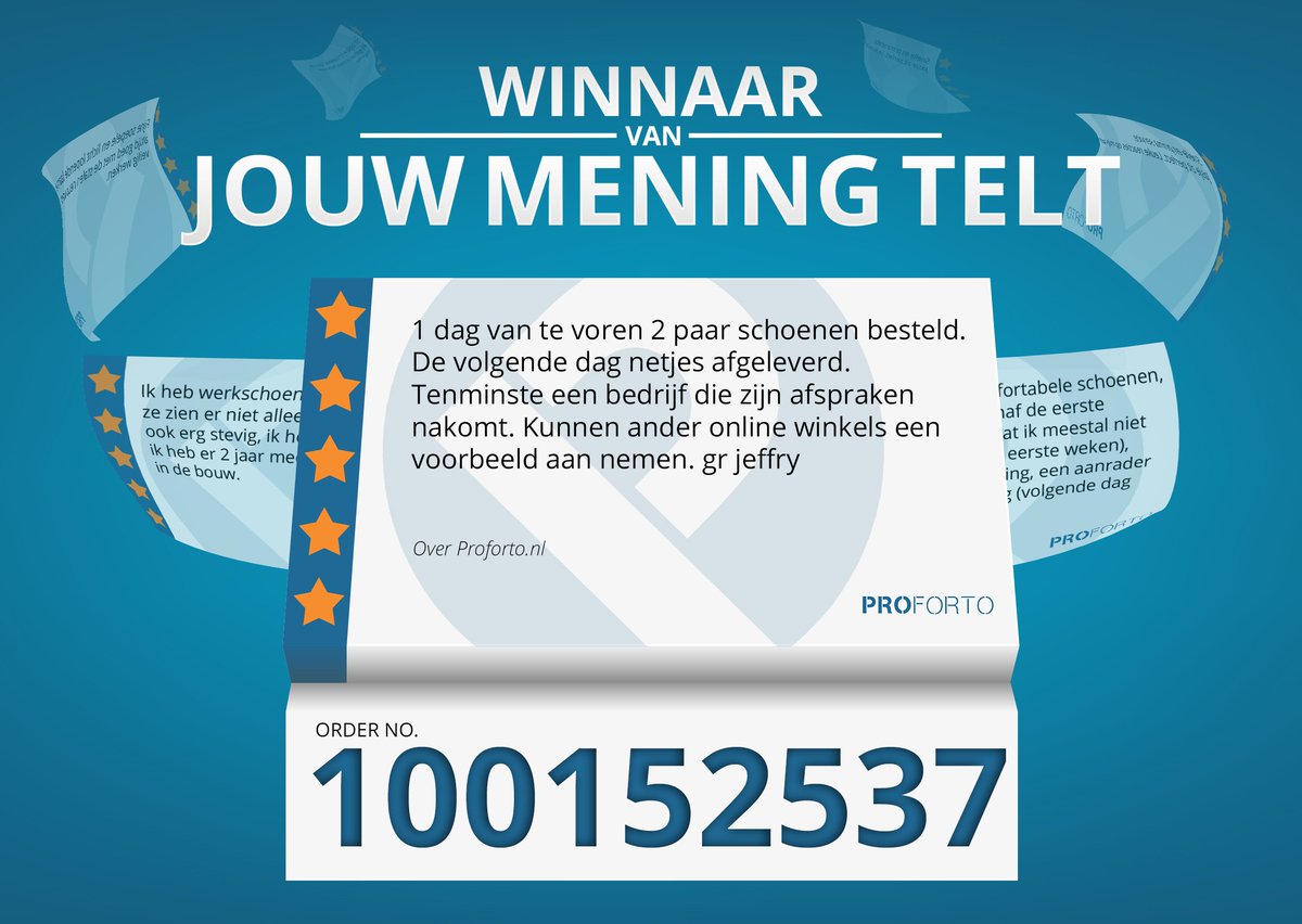 De winnaar van 'jouw mening telt' is deze maand: ordernummer 100152537. Namens het hele Proforto team gefeliciteerd! Stuur ons je gegevens in een privébericht toe, dan ontvang jij 100 euro shoptegoed voor de Proforto webshop.