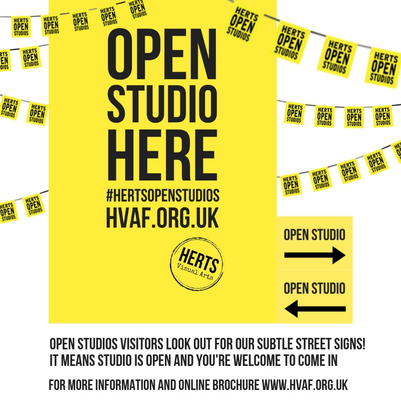HVAF's tweet photo. Artists across Herts are almost ready for #hertsopenstudios beginning this Saturday 8th and throughout September. Look out for our subtle yellow street signs! You'll be warmly welcomed! https://t.co/ZUGr5rjgYJ