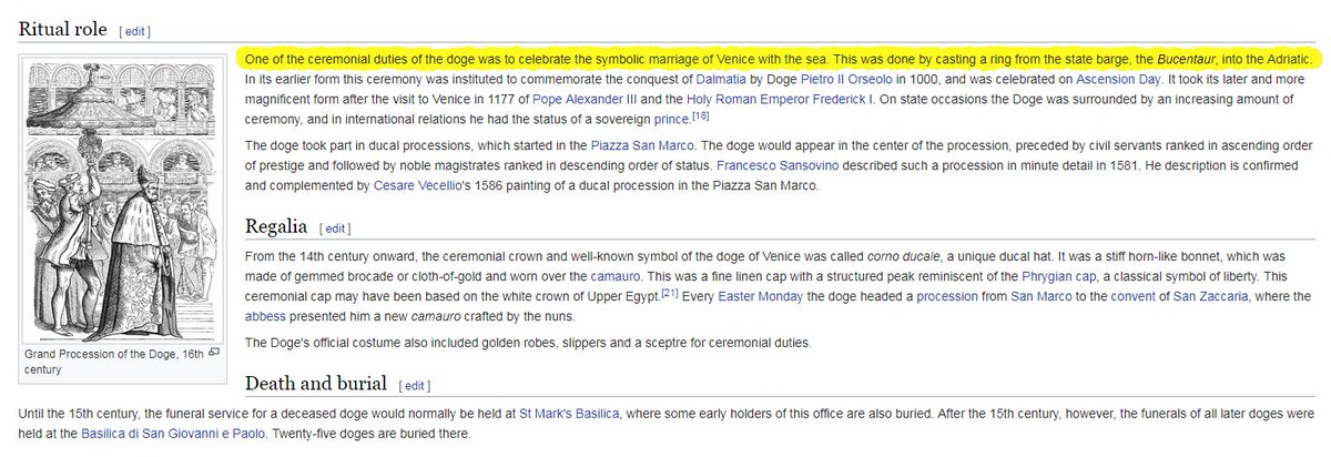 95) Every year, to this day, (possibly) in memorial of the joint venture, the Pope and his Trustees (curia) of Cardinals reaffirm their vows and do the throwing of the rings ceremony. All the Venice Doges do it too...They throw the rings into the WATER.