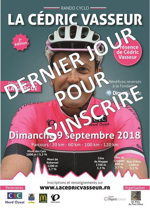 TeamDigest's tweet photo. ‼ DERNIER JOUR POUR S'INSCRIRE A LA RANDO CYCLO LA @cedvasseur ‼

UN SEUL LIEN : https://t.co/93R4Mc8g8R

IL N'Y EN AURA PAS POUR TOUT LE MONDE...

A DIMANCHE

#digestscience #crohn #cedricvasseur #LCV https://t.co/16vtc02J6y