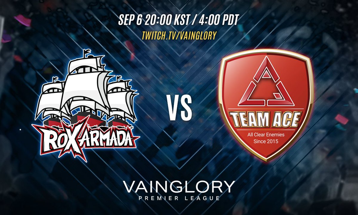 VaingloryKR's tweet photo. 미리 보는 결승전이라고 해도 무방할 ROX Armada와 Team ACE의 대결! 양 팀 모두 물러설 수 없는 오늘의 경기는 그 어느 때보다도 치열할 예정입니다. 잠시 후 8시, 짜릿한 오늘의 경기를 시청해보세요! ⚔️

🔥 생방송: https://t.co/xREFbZ7yVS 

#Vainglory #VPL #EA @roxgamingpro @teamacepro https://t.co/fu1OKPCKQw