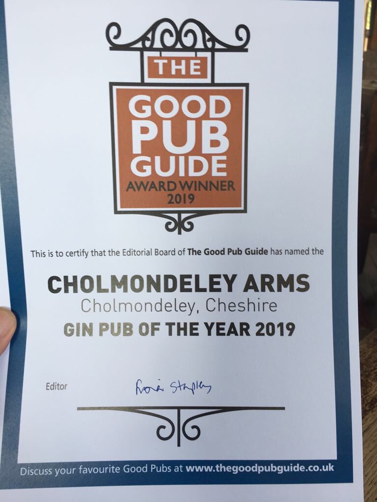 We are happy to announce that we are Gin Pub of the year by the good pub guide! 
.#pubguide #pub #countryside #food #drink #bedrooms #gin #ginandtonic #cheshire #cholmondeley #ThirstyThursdays