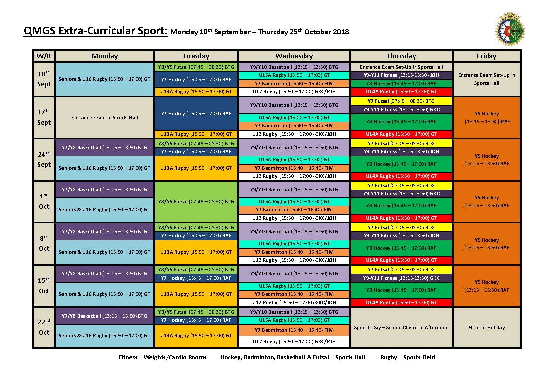 QMGS SPORT on Twitter "ExtraCurricular Timetable for Sport Monday