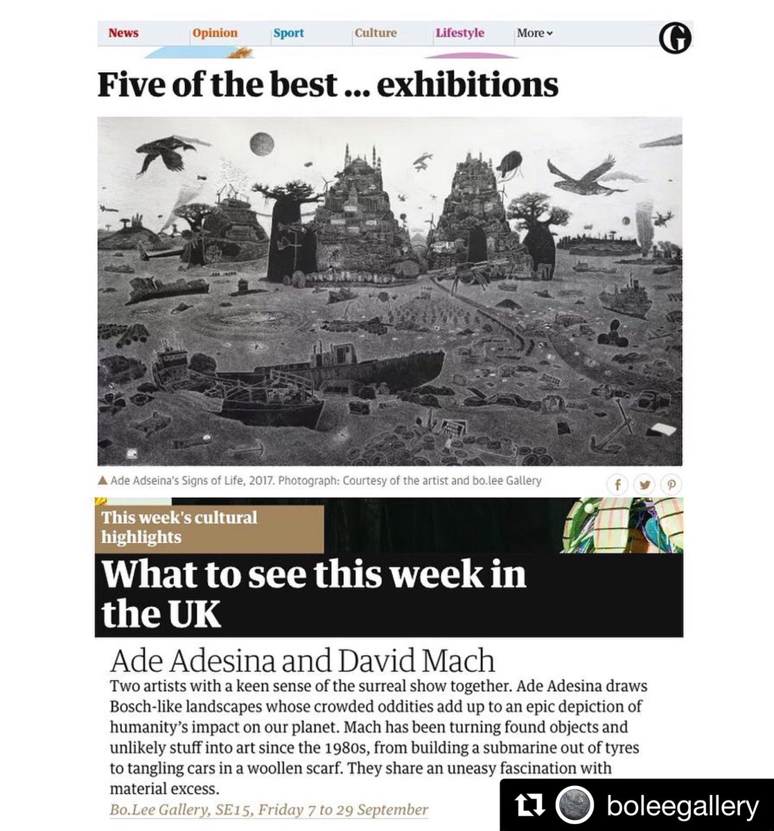 Brilliant to see #SignsofLife my exhibition with @adeadesina made it to the top 5 UK exhibitions in this weeks @guardian Looking forward to the PV this evening 6-8 #theguardian #davidmach #adeadesina #jammgallery #contemporaryprintmaking #contemporarycollage #boleegallery