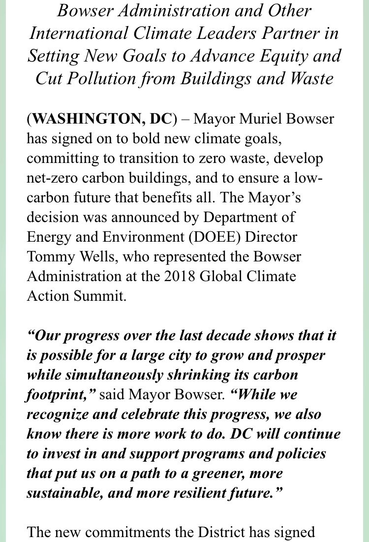 MEDIA ADVISORY – <a href="/MayorBowser/">Mayor Muriel Bowser</a> has committed to transition to zero waste, develop net-zero carbon buildings, and to ensure a low-carbon future that benefits all. Announced by Director <a href="/TommyWells/">Tommy Wells 🏳️‍🌈🏳️‍⚧️</a>, representing the Bowser Administration at <a href="/GCAS2018/">Global Climate Action Summit</a> #Cities4Climate #SustainableDC