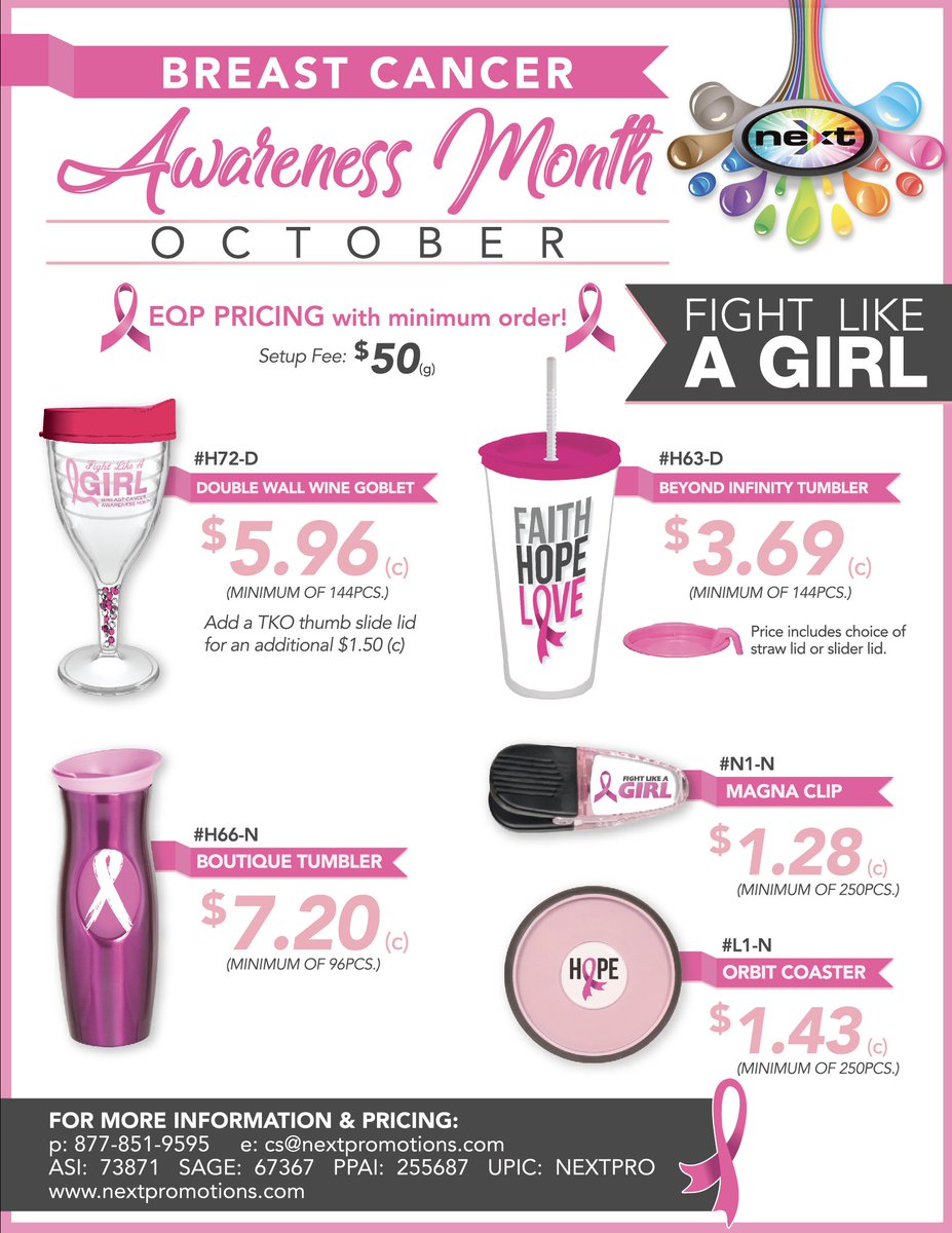 NextPromotions's tweet image. October is Breast Cancer Awareness Month. We are offering EQP Pricing with minimum order on all our pink products! #promotionalproducts #breastcancerawareness