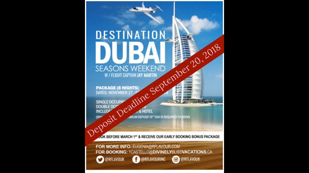 Destination Dubai YYZ to DXB is calling on you to the luxurious United Arab Emirates for an EPIC EXPIERENCE of a lifetime. 
Nov 27, 2018 - Dec 5, 2018
For questions and our information package please email 
eugenia@rflavour.com Subject Line: Destination Dubai YYZ to DXB 2018