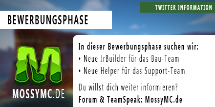 MossyMCNetwork's tweet photo. ❗️Erinnerung: 
Zur Zeit suchen wir noch tatkräftige Unterstützung für unser Bau- und Support-Team. Du möchtest dich bewerben? Alle Infos dazu findest du hier: https://t.co/8w6O4guCDz 
Solltest du noch Fragen haben, kannst du dich jederzeit an uns wenden. 
  
Viel Spaß! #MossyMC https://t.co/RinoqAq46E