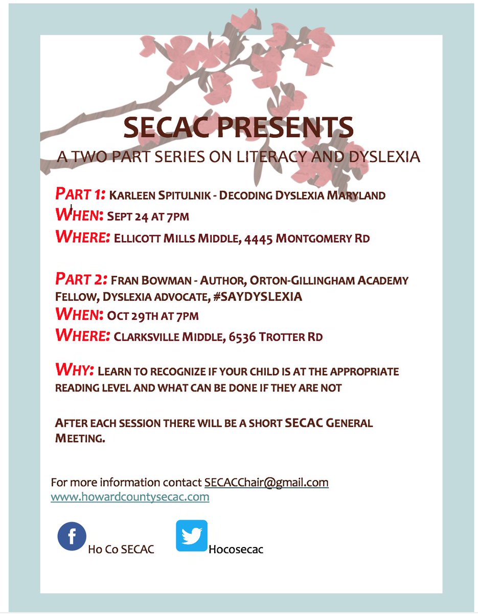 SECAC will be hosting <a href="/KSpitulnik/">Karleen Spitulnik</a> at our Sept 24th mtg and <a href="/FranBowman01/">Frances Bowman</a> on Oct 29th for a two part series on reading and dyslexia.  Hope to see you there!   #saydyslexia