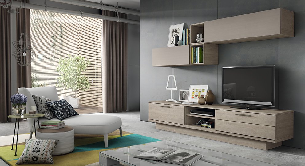 Los juegos de huecos y volúmenes son protagonistas en esta atractiva propuesta de #salón. Su suave y discreto colorido en Nord y Tórtola, es un gran acierto