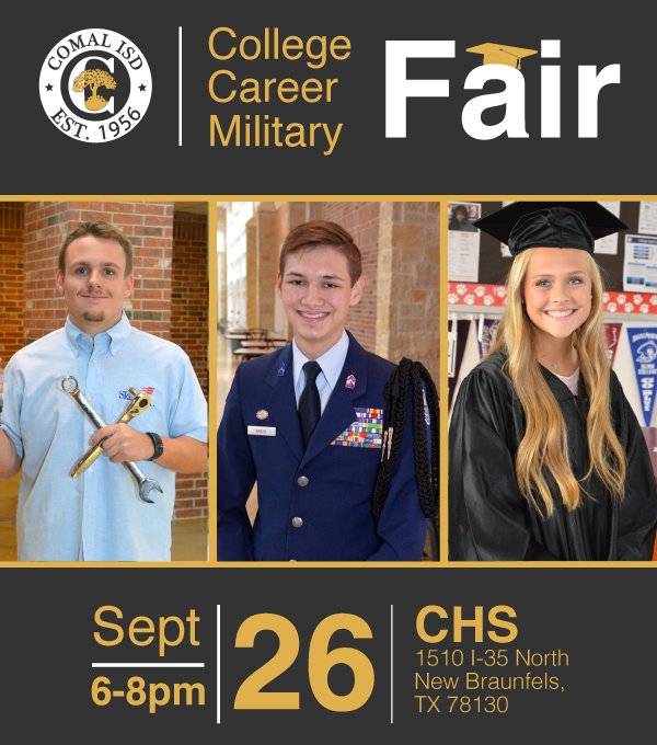 cisdnews's tweet photo. Join us on Wednesday, September 26 at Canyon High School for the College, Career, and Military Fair. This is a great opportunity for high school students to speak with representatives about their future after graduation. https://t.co/9CzhWvj404