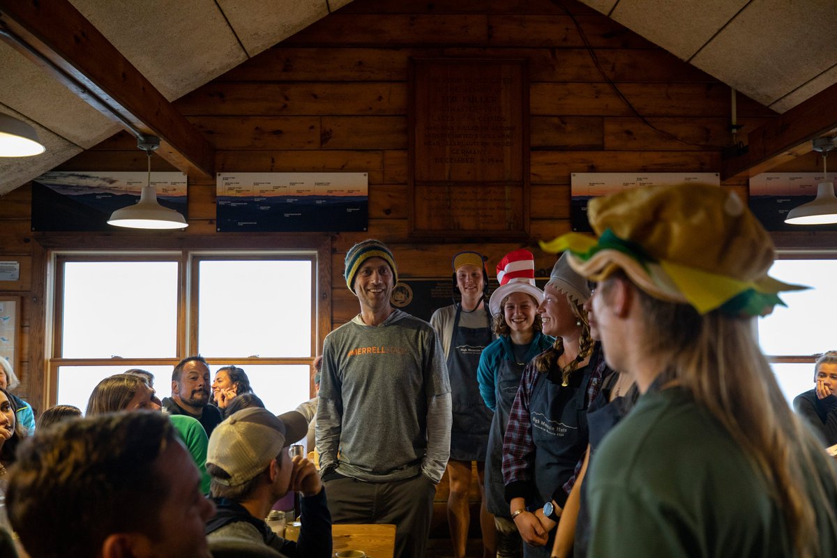 BackpackerMag's tweet photo. We hiked Mt. Washington to greet @AppMtnClub workers at Lakes of the Clouds Hut, situated at 5,032 feet, for a night of #merrellmagic. Silly hats, local ice cream and professional massages for the crew was a small way to give a big thank you for their hard work. #NewHampshire https://t.co/k3yLOyGSC0
