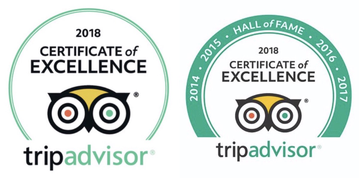 We're thrilled to have been awarded the 2018 #CertificateofExcellence from TripAdvisor once again. And to top it off ... we have also been awarded the ‘Hall of Fame’ certificate of excellence. A BIG Thank you to all our amazing customers for the fab reviews