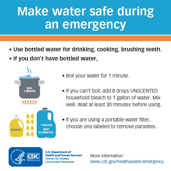 CDCgov's tweet photo. Make sure your emergency kit includes unscented household chlorine bleach. You may need to make your water safe after a disaster if you don’t have access to bottled water or if you can’t boil it. https://t.co/KFwQWww5uH #NatlPrep #PrepYourHealth https://t.co/DHbC5kNZaX
