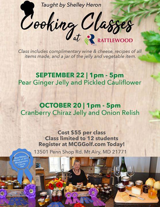 The next cooking class at Rattlewood Golf Course is coming up fast on September 22nd! We will be learning how to make Pear Ginger Jelly and Pickled Cauliflower.

Don't miss out! Register today - bit.ly/2wvSUti