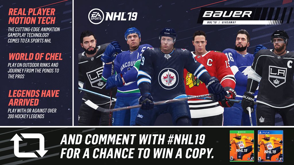 BauerHockey's tweet photo. Want to win a copy of @EASPORTSNHL #NHL19? RT this post and include #NHL19 and #BAUERHockey to enter! https://t.co/TRWTBrJ5p2