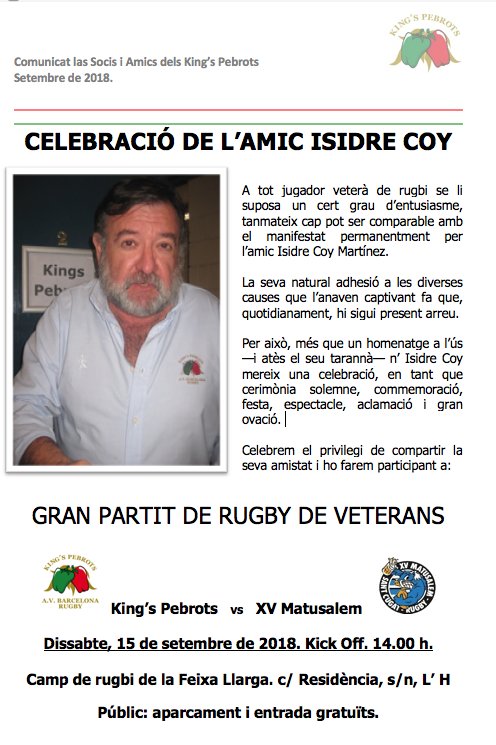 Celebració al nostre amic Isidre Coy. Dissabte 15, partit <a href="/kingspebrots/">kingspebrots</a> vs XV Matuasalen <a href="/rugbysantcugat/">Rugby Sant Cugat</a> #Rugby <a href="/rugbycat_cat/">Rugbycat</a> <a href="/ferugby/">España Rugby</a> <a href="/rugbycat/">dan boyle</a>