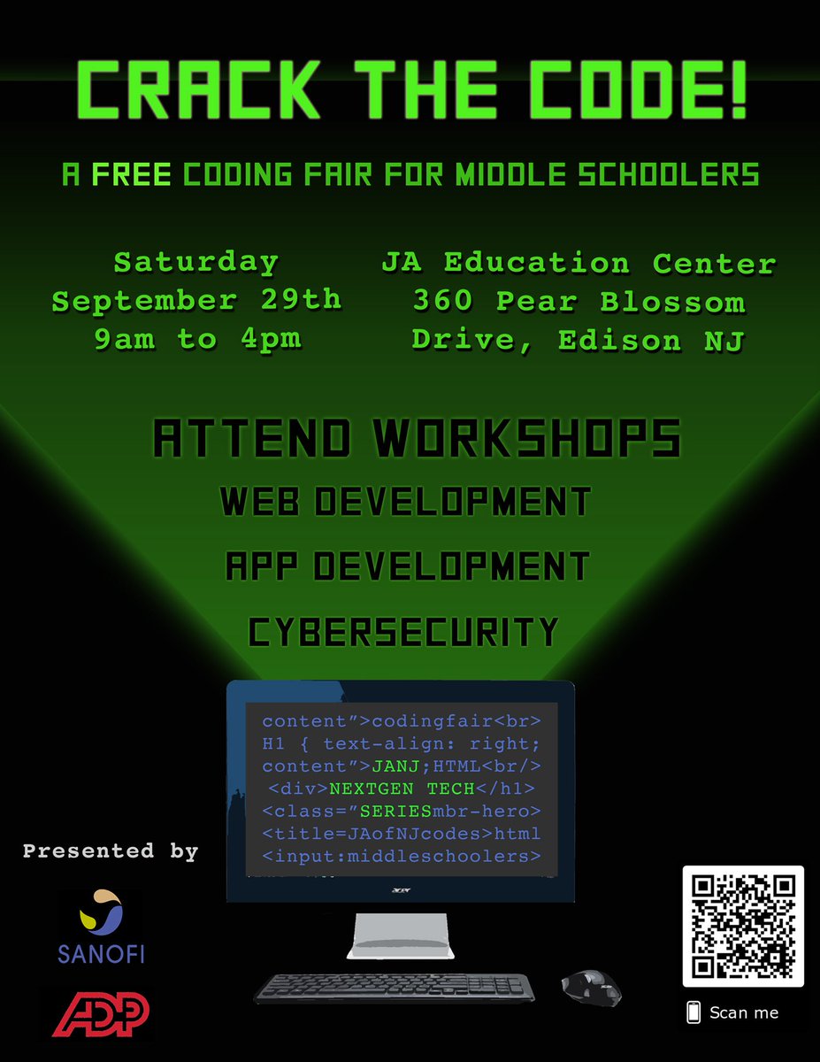 JANJHeroes's tweet image. Registration is now open! Sign up for our FREE middle school coding fair by scanning the QR code on the bottom right or through this link: hackja.com/crack-the-code
#JANJHSH #JANextGenTechSeries #codingfair #coding #cybersecurity #STEM #webdevelopment #appdevelopment #JAAllTheWay