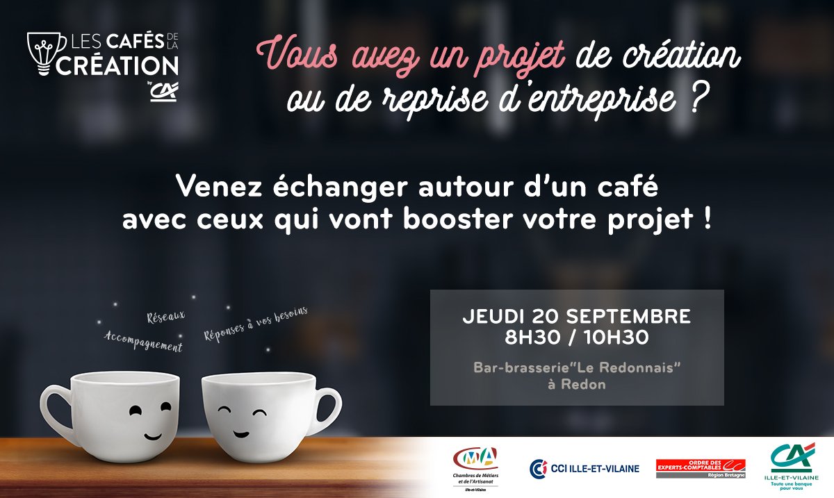 CAIlleEtVilaine's tweet photo. @CAIlleEtVilaine et ses #partenaires vous donnent rdv à #Redon ce jeudi 20 septembre pour le #CafédelaCréation!
Venez rencontrer, autour d'un café, les interlocuteurs utiles à la préparation de votre projet !
Inscriptions sur : https://t.co/c82AkfKeV2 @CCI_35 @oecbretagne #CMA35 https://t.co/jP7VxPsg5e