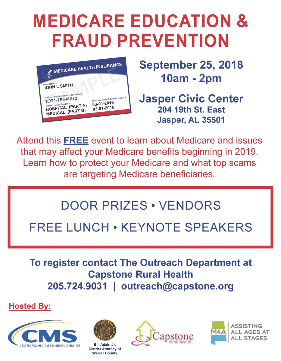 Medicare Education and New Card Fraud Prevention Seminar. 9.25.2018 from 10 am to 2 pm Jasper Civic Center. Free Event.