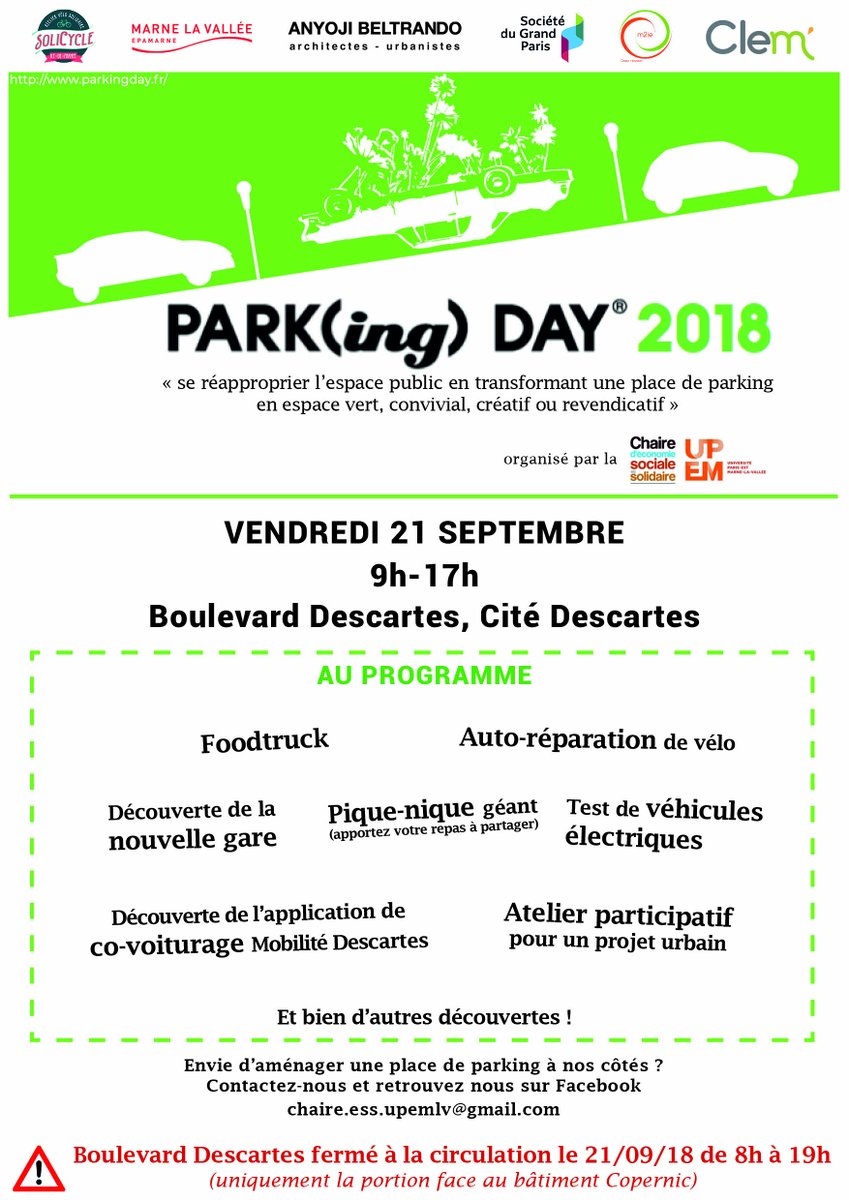 chaireESSuge's tweet photo. Le chaire organise le #ParkingDay sur la Cité Descartes. Rejoignez-nous le vendredi 21 septembre sur le bd Descartes, aménagez une place de parking ou visitez les différents stands !
https://t.co/ID7289etpx https://t.co/czctbu7zHJ