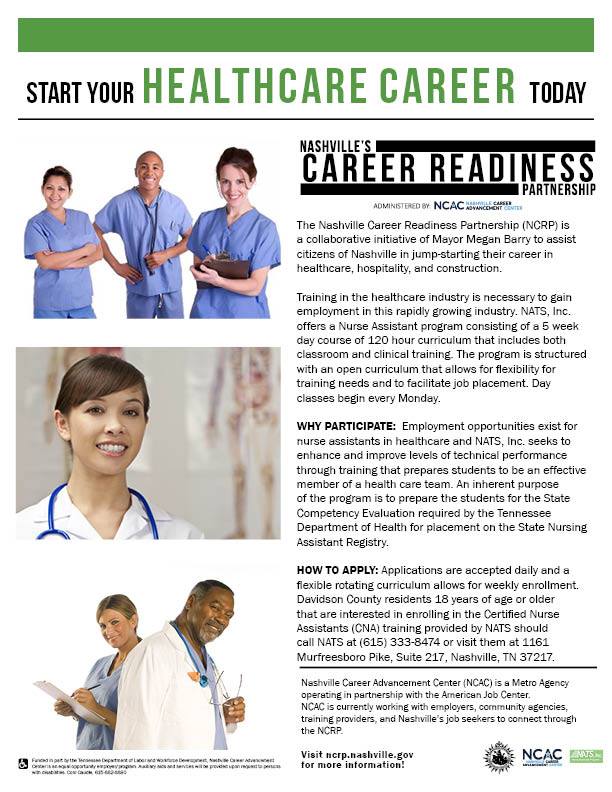 AJCofMidTN's tweet photo. Are you looking for a job in the healthcare industry? We've partnered with NATS to offer Nurse Assistant training only lasting 5 weeks! Call NATS for more information at (615) 333-8474. #Nashville #NCRP #NashvilleCareerReadinessPartnership #Healthcare #Nurse #Nursing #CNA https://t.co/OsrJhVKcVJ