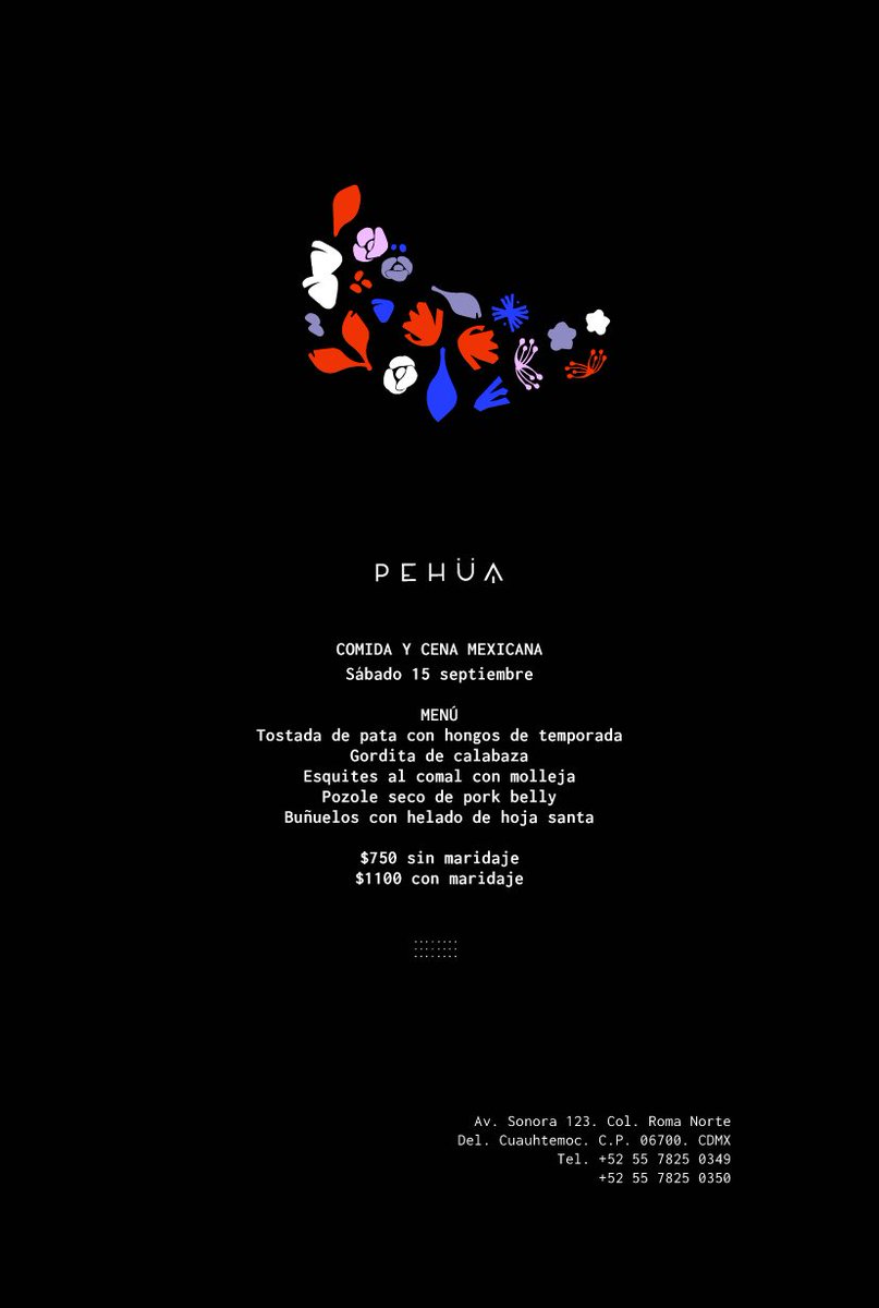 ¡Te esperamos el día de mañana en Pehüa para celebrar juntos México! Menú especial de Comida y Cena:
$750 sin maridaje
$1,100 con maridaje
#experienciapehüa