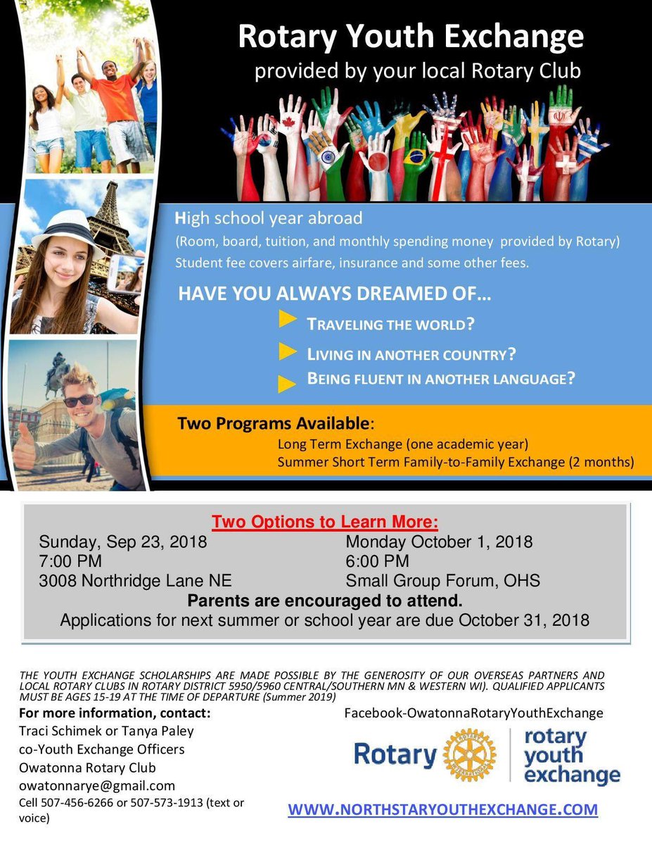 2 Opportunities to Learn About Being a Rotary Student Ambassador around the world in 2019.  Deadline for applications is October 31!