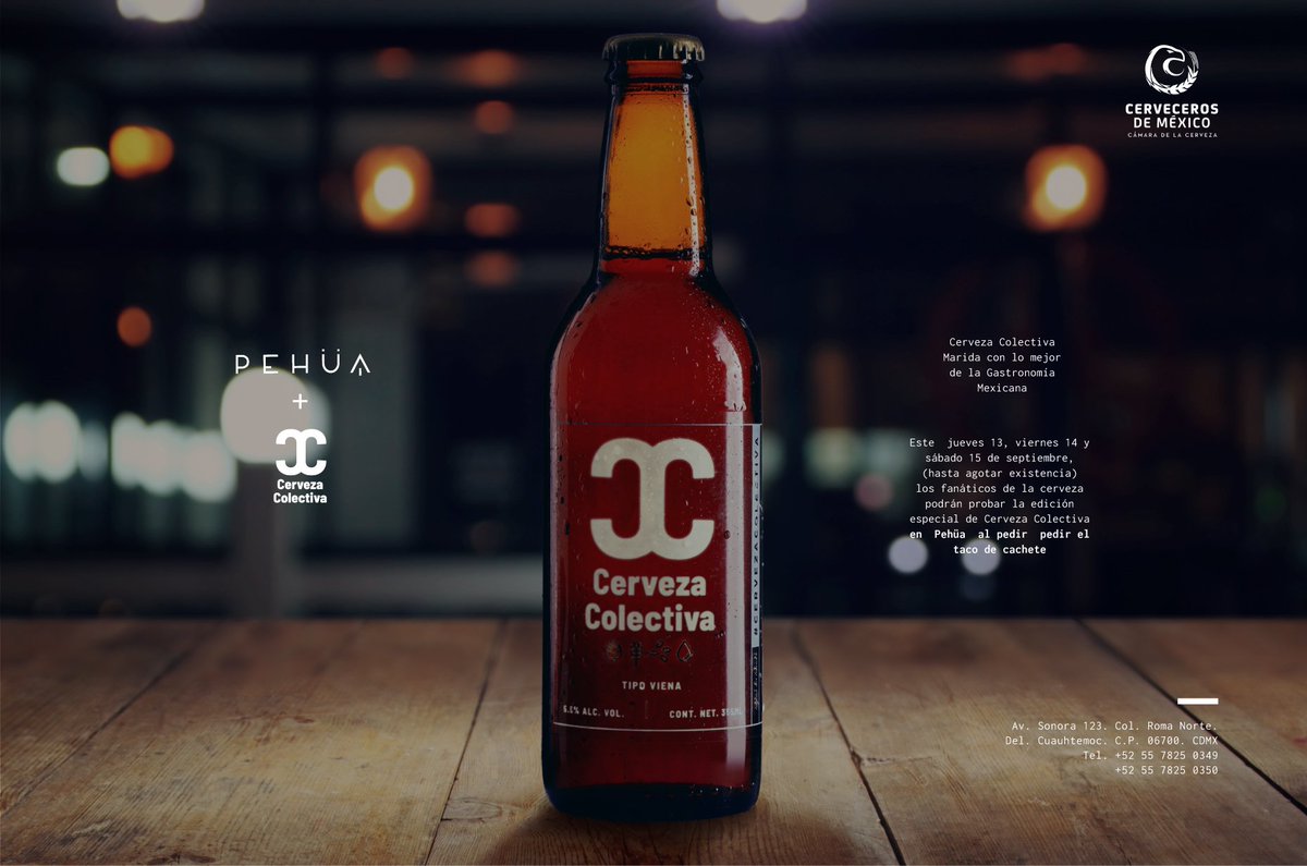 ¡Hoy es el último día para vivir la experiencia Pehüa + Cerveza Colectiva y @cervecerosdemexico Prueba la edición especial de Cerveza Colectiva al momento de pedir nuestra especialidad taco de cachete.