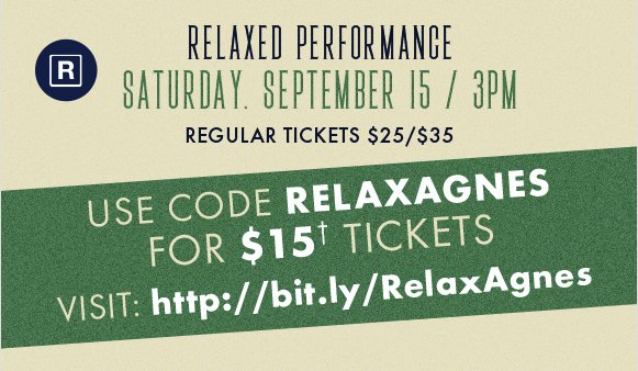 59E59's tweet photo. Join us on Saturday for a #RelaxedPerformance of @LesserAmerica's AGNES.

Relaxed Performances are designed for folks—including those with autism, sensory or communication disorders, or developmental differences—who would benefit from a more relaxed environment. https://t.co/Xncp1N94y9