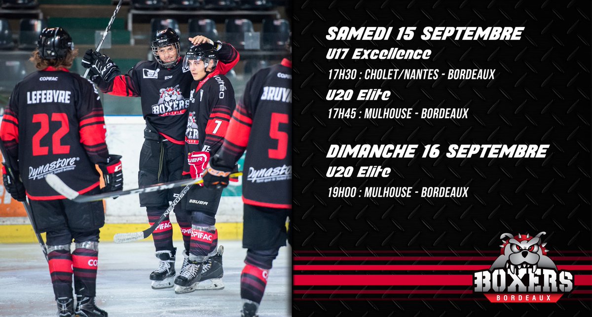 ERRATUM ! Ce sera finalement une double confrontation chez les <a href="/ScorpionsMulho/">Scorpions de Mulhouse</a> pour nous Boxers de Bordeaux #U20 !
#U20Élite #PôleÉlite