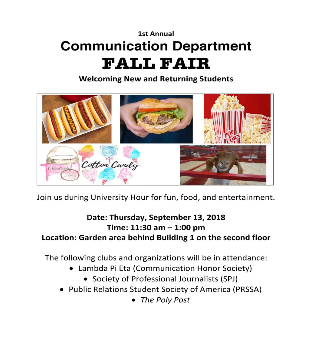 itscppcom's tweet image. Welcome all new and returning Com students! Our first ever Fall Fair starts today! Hope to see everyone behind Building 1 from 11:30 - 1 for BBQ, petting zoo, games (including a pie-a-prof raffle) and catching up with your peers, professors, and our club officers.