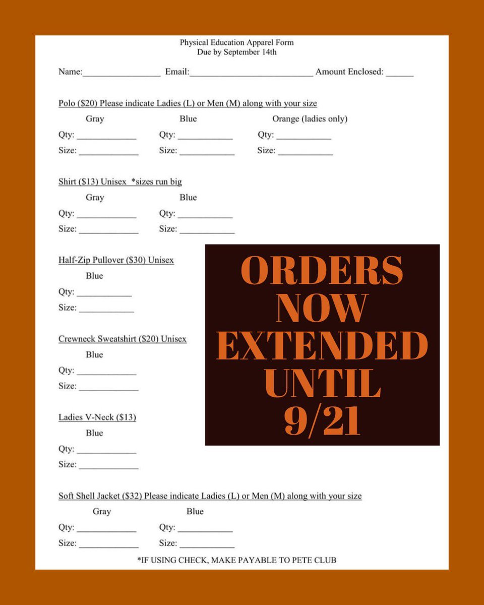Due to a high number of interest our apparel form deadline has been extended until 9/21! Order forms can be turned in to any board member or taken to Dr. Patterson’s mailbox in the KHS Office. We ask that you please put your money or check in a sealed envelope.