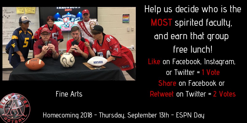 allatoona_hs's tweet photo. Calling all Bucs! Help us determine who is the MOST spirited faculty - Winners will be announced on morning announcements tomorrow! Votes only count on original Allatoona posts! #GoBucs #AnchoredInExcellence https://t.co/xIn6bkHB1o