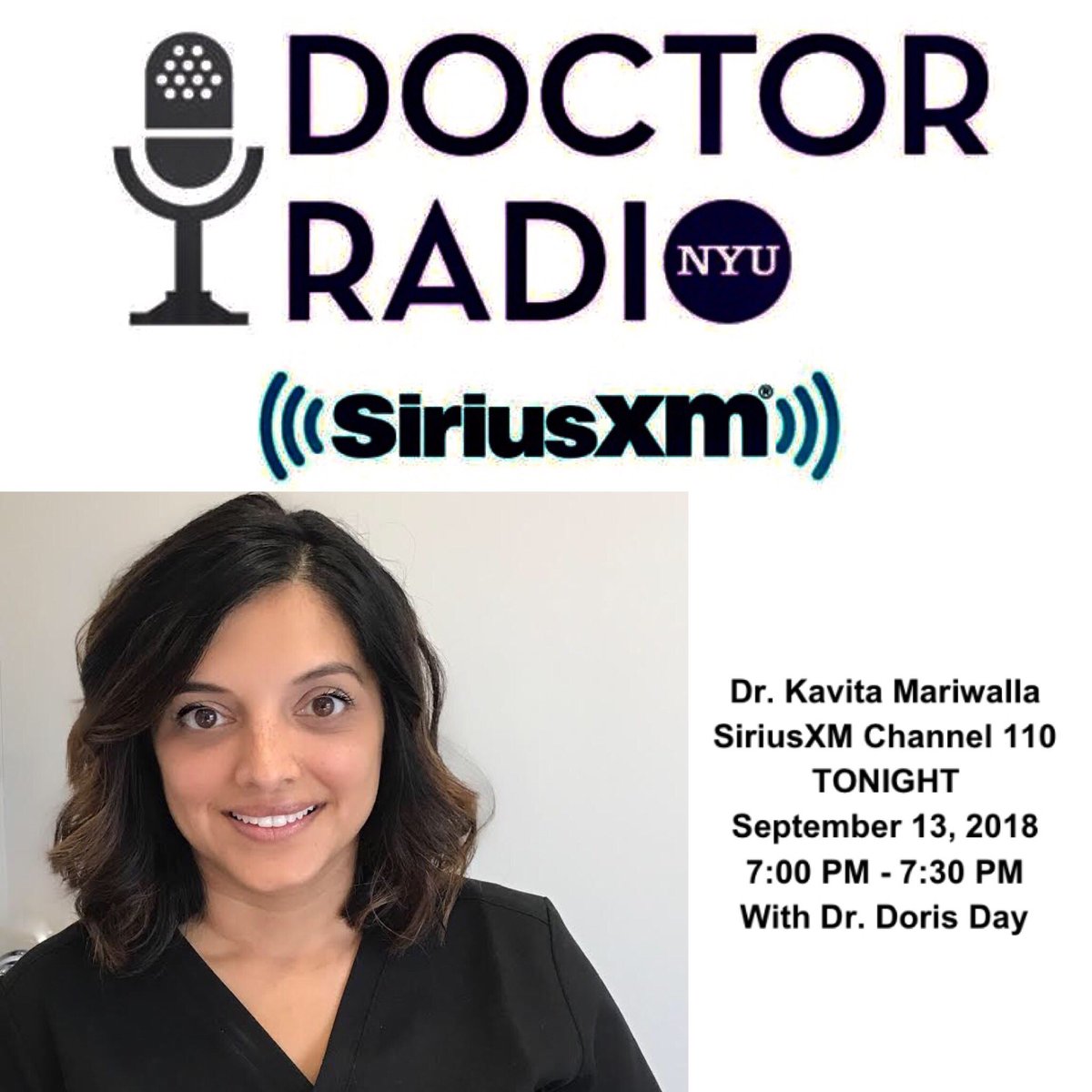 Be sure to tune into Doctor Radio tonight at 7:00PM to hear Dr. Mariwalla discuss skincare fads with Dr. Doris Day!
-
-
-
#DoctorRadio #DoctorRadioSiriusXM #DoctorRadioShow #Sirius #SiriusXM #SiriusXMRadio #NYULangone #DrDorisDay