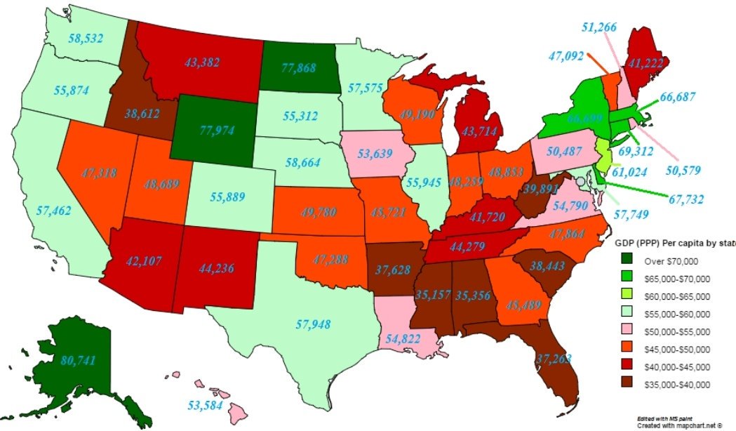 15. Republican, limited government policies are NOT good for the economy. In fact, most Democratic states have significantly stronger economies than Republican statesFor example, Deep Red states (Trump 25+) have an average per capita GDP almost 25% LOWER than Deep Blue states.