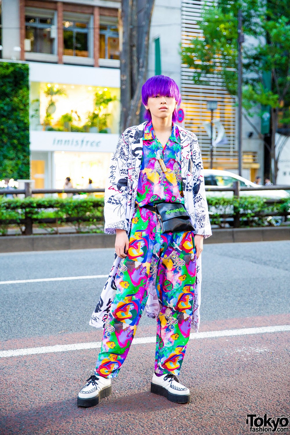 Tokyo Fashion on X: 20-year-old student Kanade (@KSnbm) on the street in  Harajuku wearing a mixed prints look by the Japanese brand Kobinai, with a  Kobinai waist bag & white platform creepers #