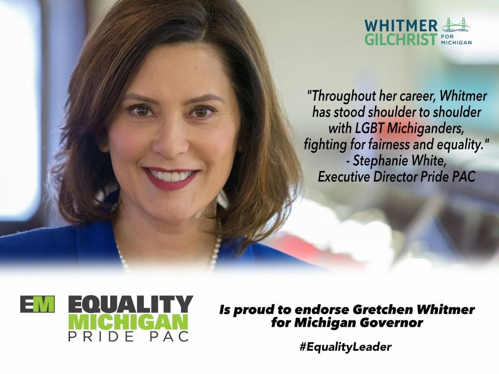 ActionEqmi's tweet photo. EQMI Pride PAC is so excited to endorse Gretchen Whitmer for Michigan Governor! Her track record proves that she will fight for LGBT Michiganders and continue being an #EqualityLeader @gretchenwhitmer #LGBTQRights #2018Election https://t.co/cuaFLbGFpY