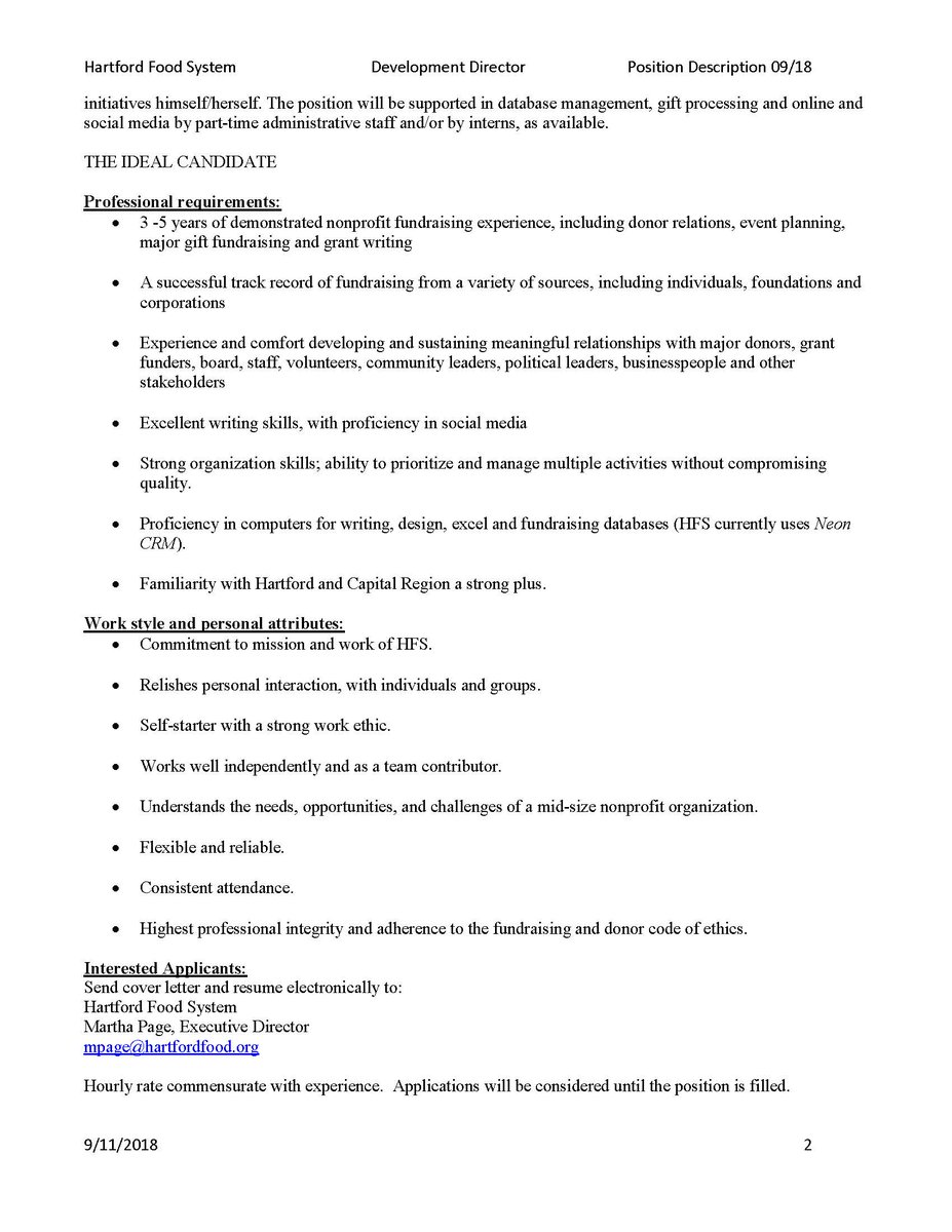 Hartford Food System (@htfdfoodsys) on Twitter photo We're looking for a Director of Development! If you or someone you know is experienced in designing strategic development plans, fundraising, and marketing, check out the position description and send resumes to mpage@hartfordfood.org #hfs #hartfordfoodsystem #hartfordct #jobs We're looking for a Director of Development! If you or someone you know is experienced in designing strategic development plans, fundraising, and marketing, check out the position description and send resumes to mpage@hartfordfood.org #hfs #hartfordfoodsystem #hartfordct #jobs
